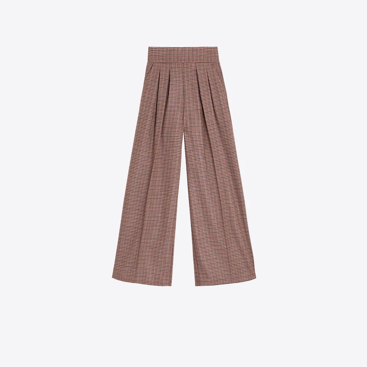 A pair of high-waisted, wide-leg trousers featuring a brown, blue and green plaid pattern with pleated detailing at the front, shown against a plain light gray background.