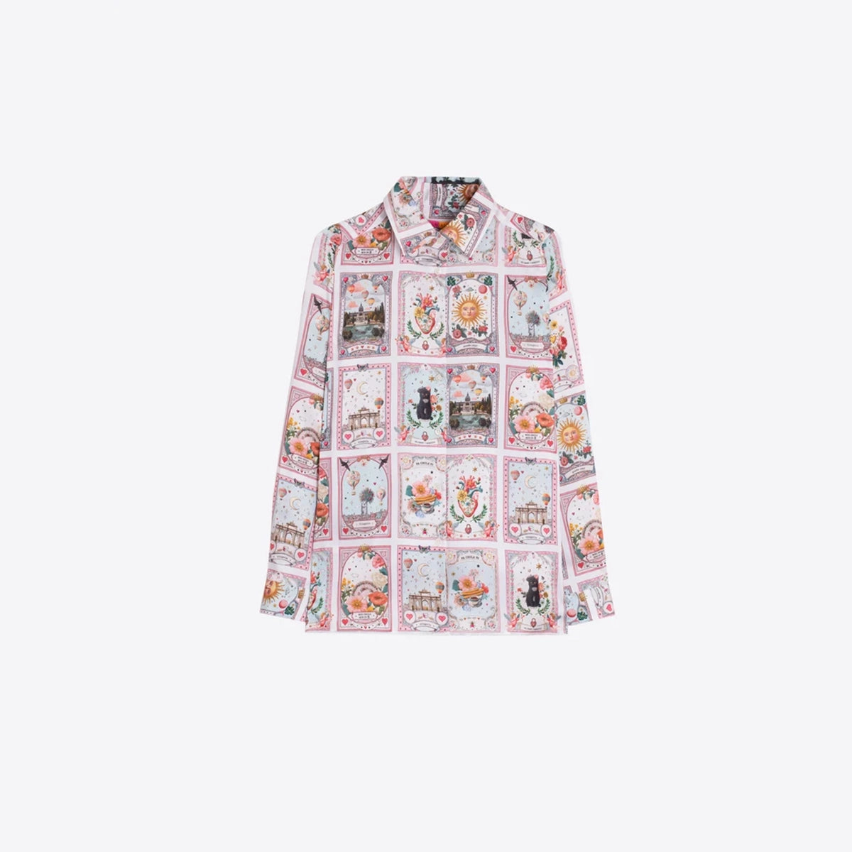 A long-sleeve button-up shirt with a white base and a pink border, featuring a repeating grid pattern of colorful vintage card illustrations, shown against a plain light gray background.