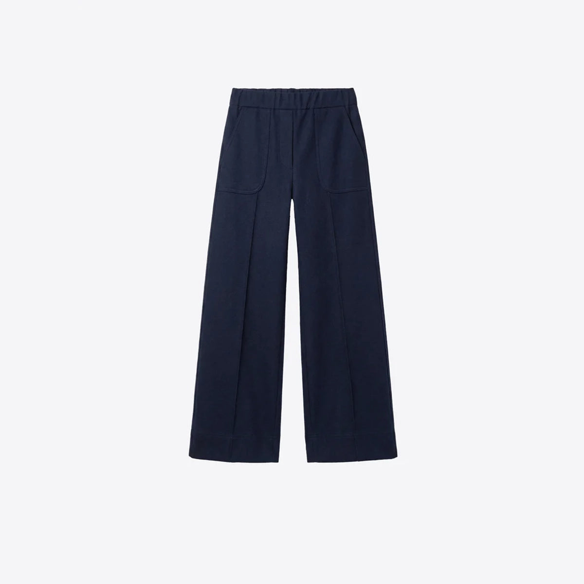 Navy blue wide-leg trousers featuring an elasticated waistband, two large front patch pockets and subtle stitched detailing, displayed against a light background.