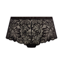 Black lace panties with an intricate floral lace pattern and a scalloped edge, shown against a plain white background.