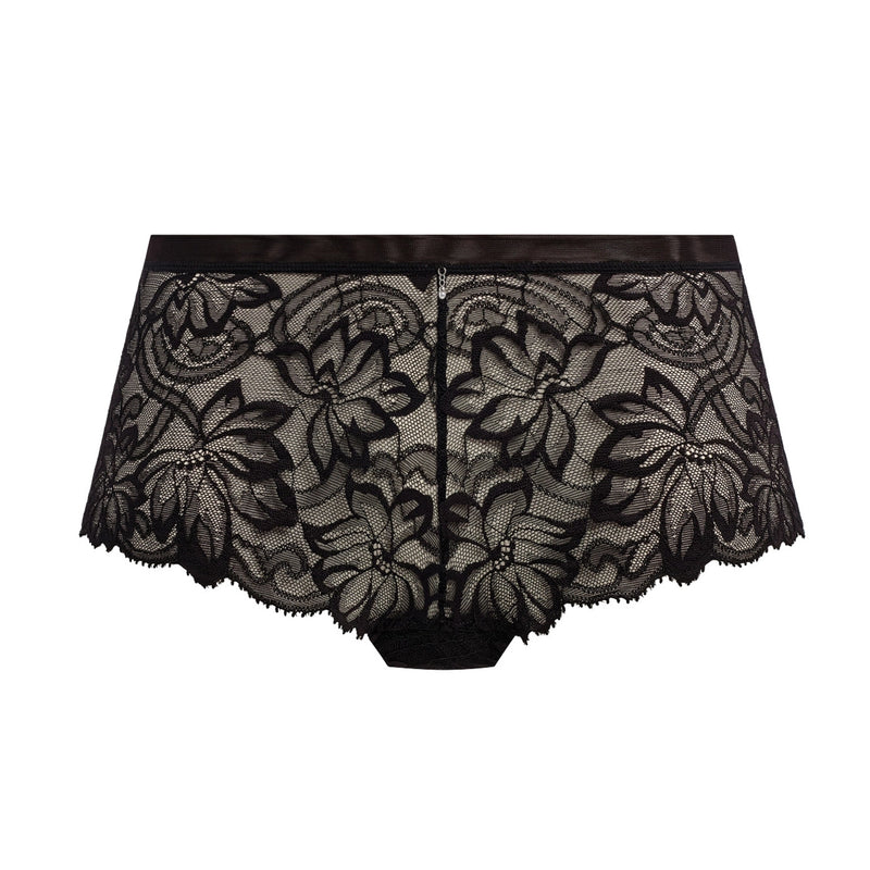 Black lace panties with an intricate floral lace pattern and a scalloped edge, shown against a plain white background.
