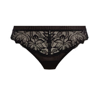 Black lace and mesh panties with a floral lace pattern and a center front zipper, shown against a plain white background.