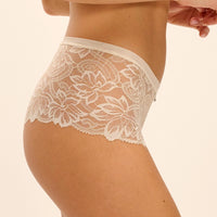 White floral lace high-waisted briefs shown on a model, featuring a wide waistband and a scalloped lace hem.