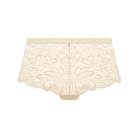 Beige lace briefs with a scalloped edge and a central zipper, shown against a plain white background.