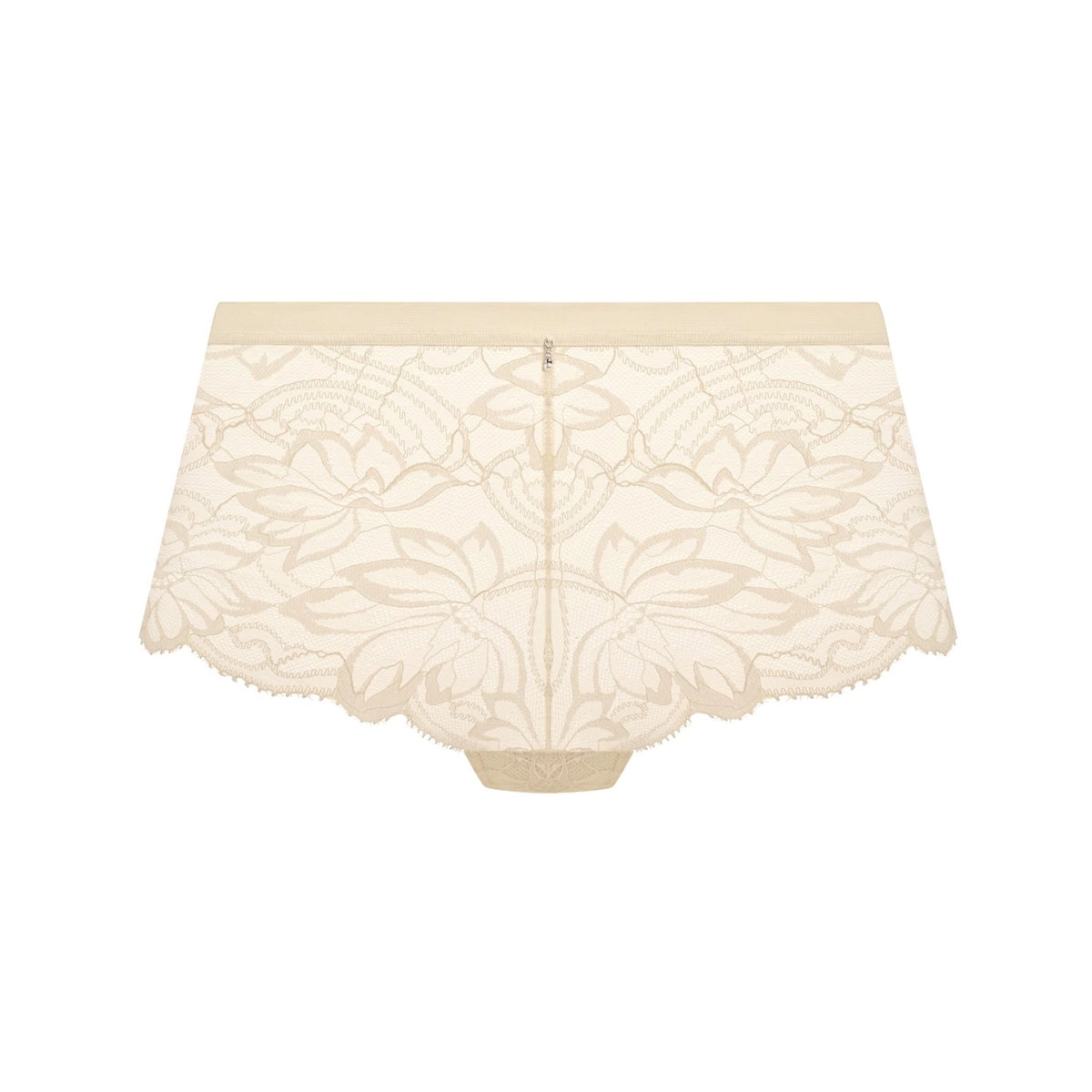 Beige lace briefs with a scalloped edge and a central zipper, shown against a plain white background.