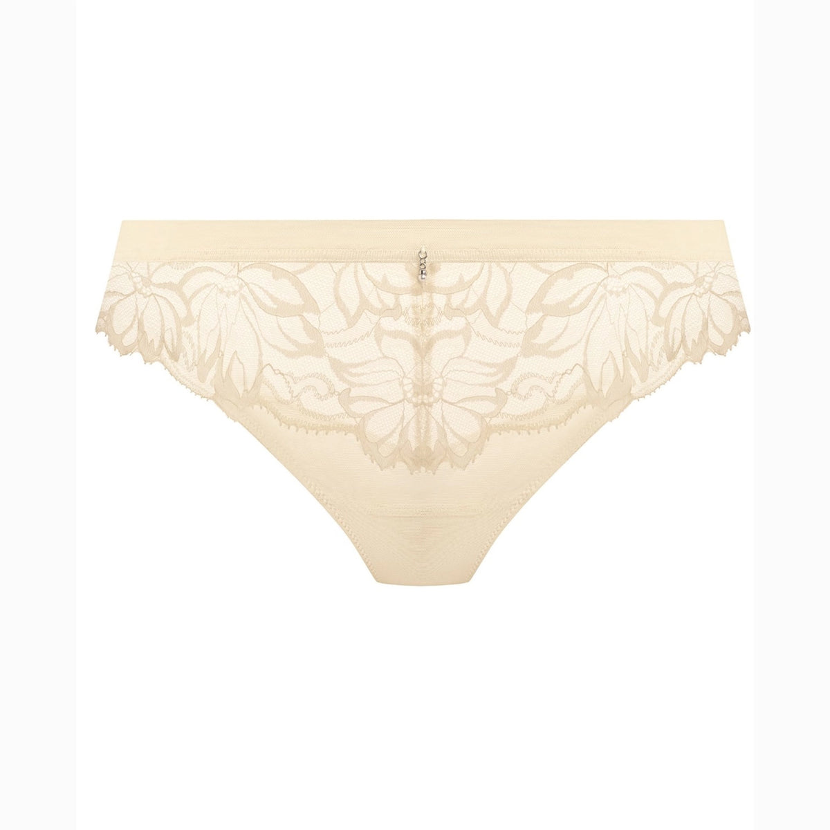 Beige lace underwear with a scalloped floral lace pattern, shown against a plain white background.