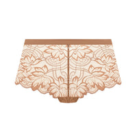 A pair of sheer floral lace panties in a warm beige and brown colorway, shown flat against a solid white background.
