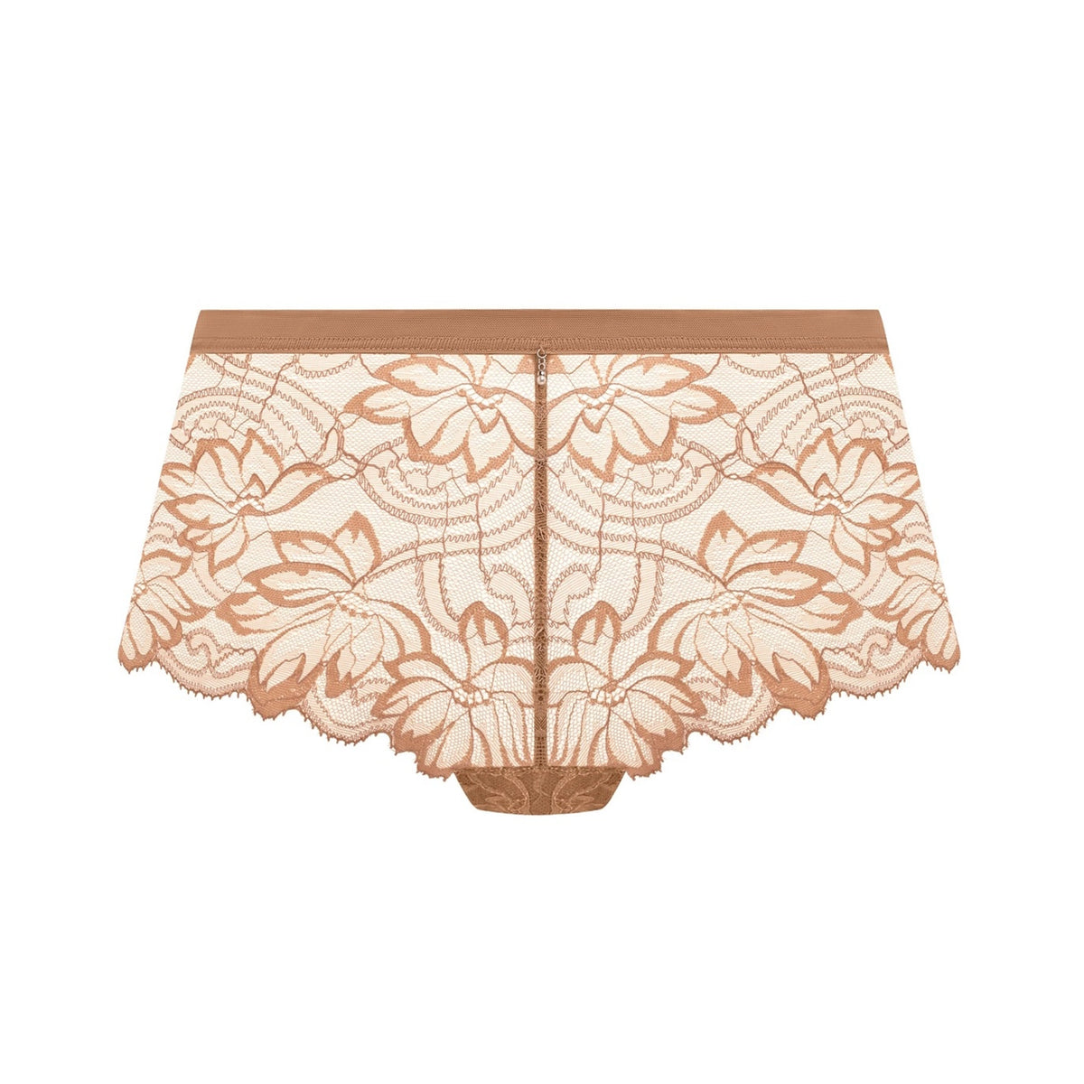 A pair of sheer floral lace panties in a warm beige and brown colorway, shown flat against a solid white background.