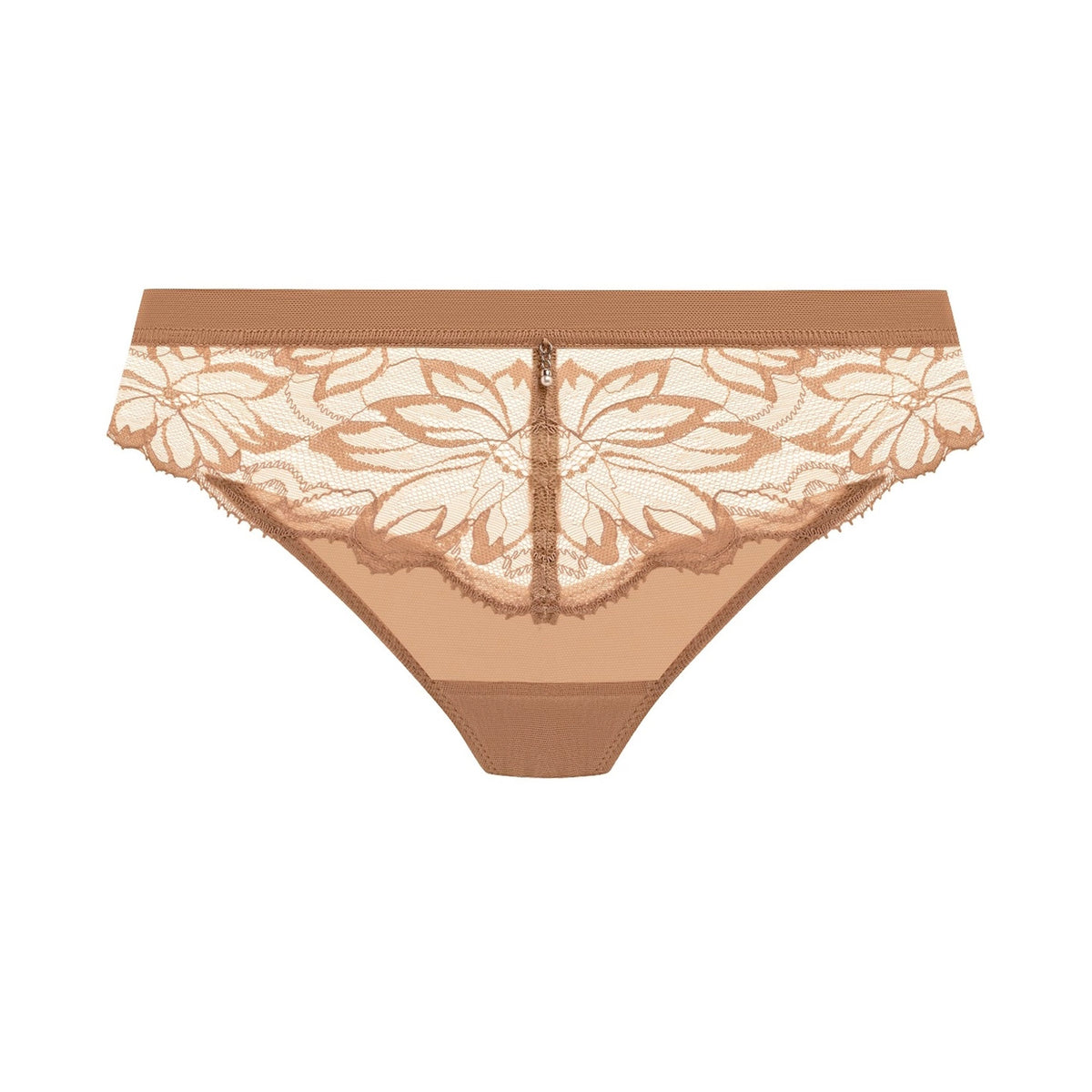 A pair of women's lace panties in a warm tan and beige color, featuring a sheer floral lace overlay on a solid tan mesh base, shown against a plain white background.