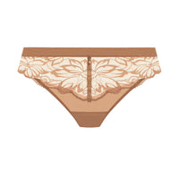 A pair of women's lace panties in a warm tan and beige color, featuring a sheer floral lace overlay on a solid tan mesh base, shown against a plain white background.