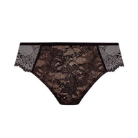 Black lace panties with a sheer floral lace pattern and solid black waistband, shown flat on a white background.
