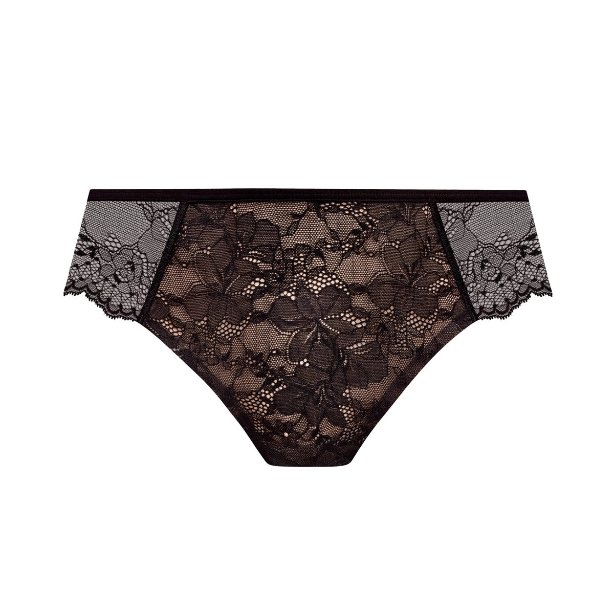 Black lace panties with a sheer floral lace pattern and solid black waistband, shown flat on a white background.