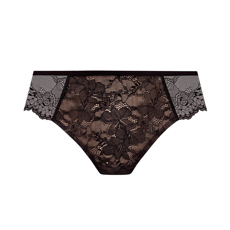 Black lace panties with a sheer floral lace pattern and solid black waistband, shown flat on a white background.