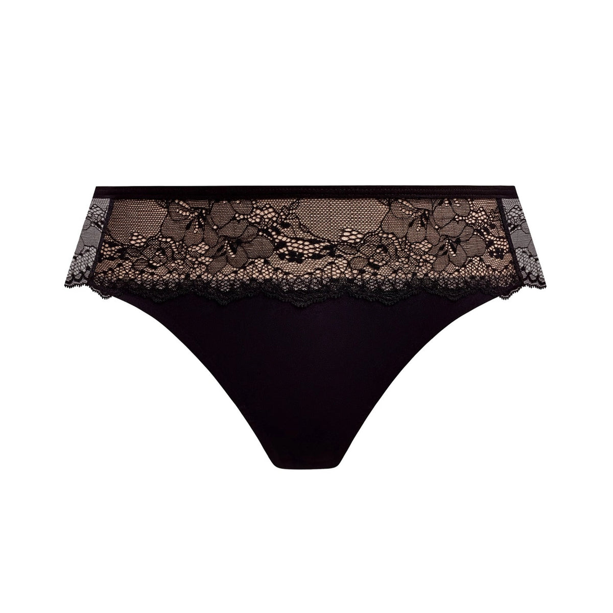 Black lace and mesh briefs with a wide floral lace waistband, shown against a plain white background.
