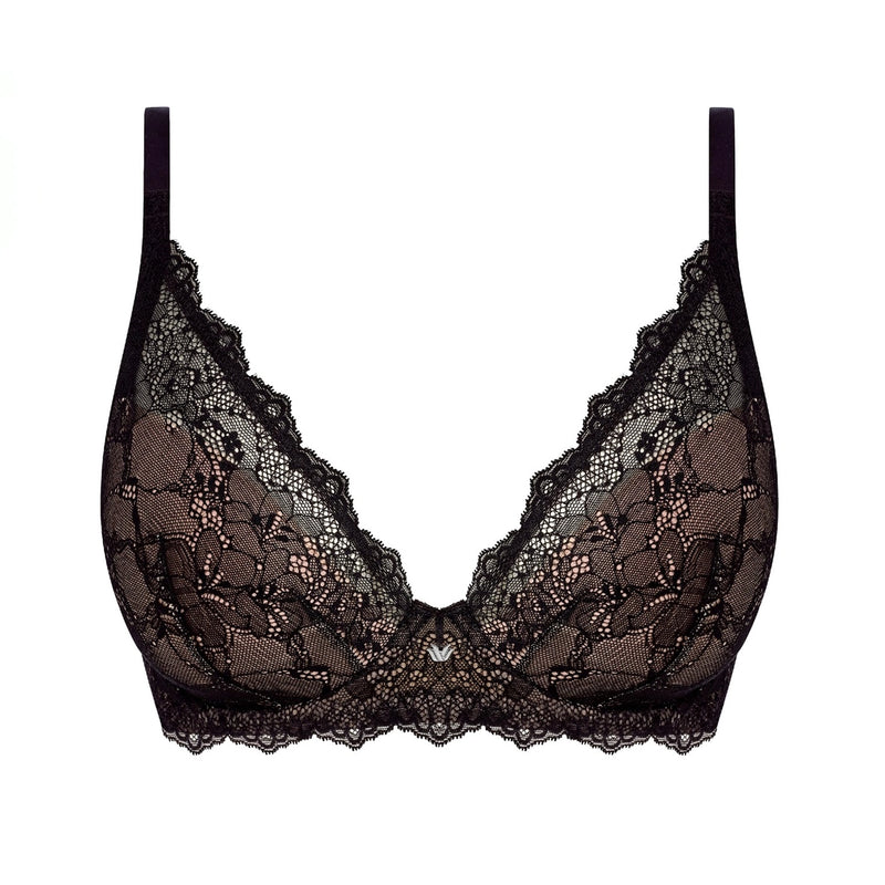 black lace bra cut out on a plain white background