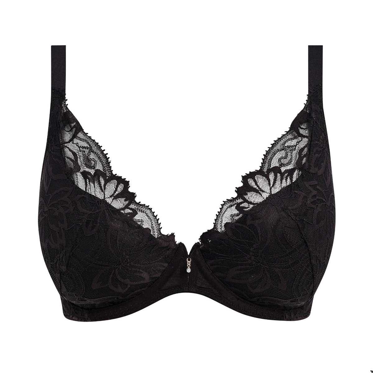 Black lace underwire bra with floral jacquard pattern and a small silver zipper at the center front, shown on a plain white background.