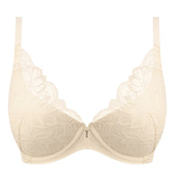 Cream lace underwire bra with floral jacquard pattern and a small silver zipper at the centre front, shown on a plain white background.
