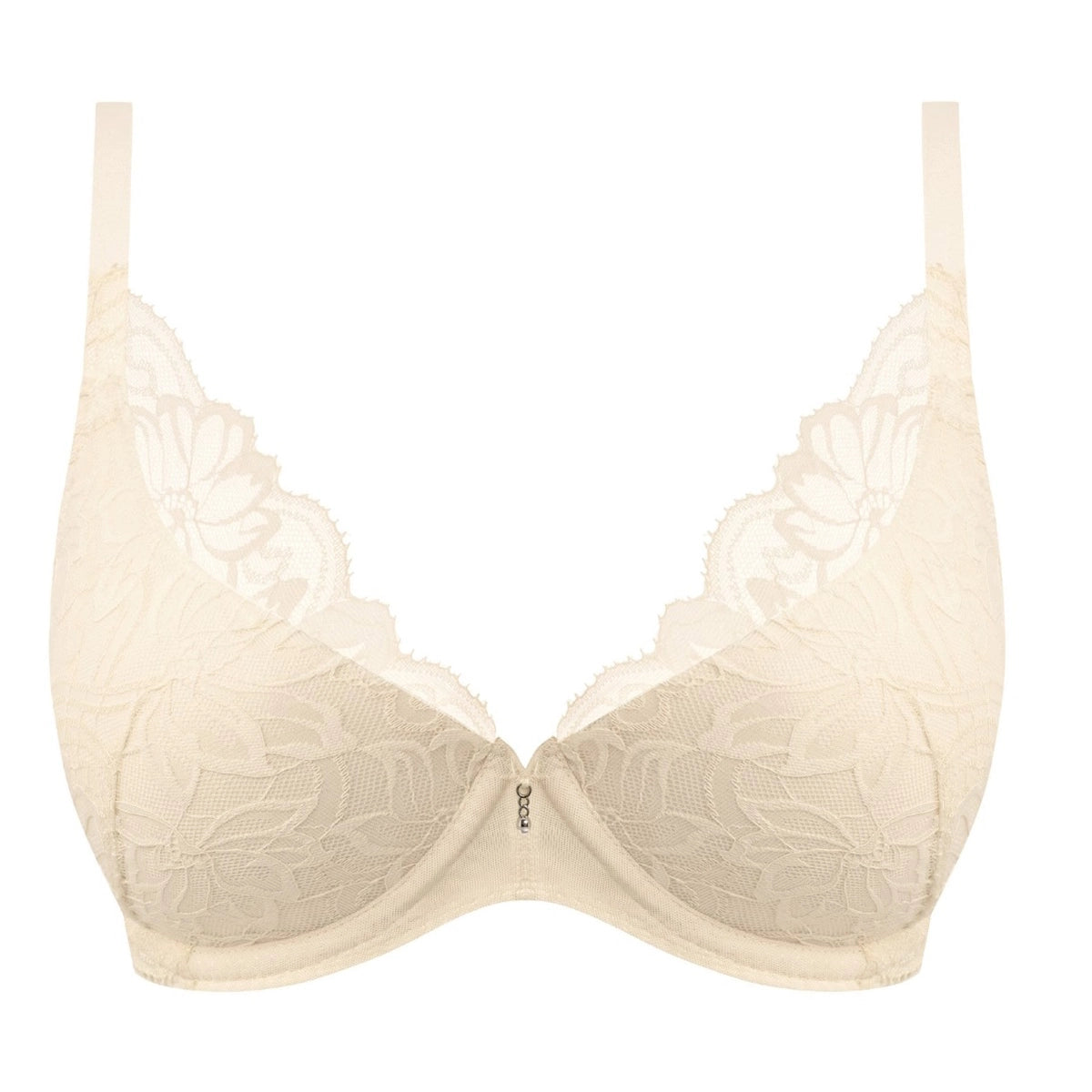Cream lace underwire bra with floral jacquard pattern and a small silver zipper at the centre front, shown on a plain white background.