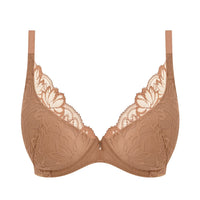 A beige lace underwire bra with floral embroidery and scalloped edges, shown against a plain white background.