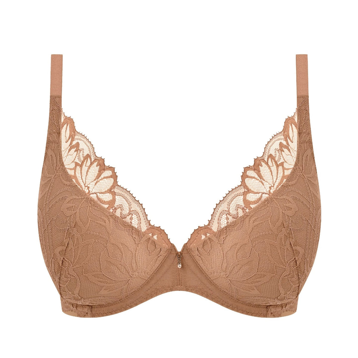 A beige lace underwire bra with floral embroidery and scalloped edges, shown against a plain white background.