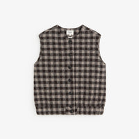 A sleeveless button-front vest with a dark brown and beige gingham plaid pattern, laid flat against a light gray background.