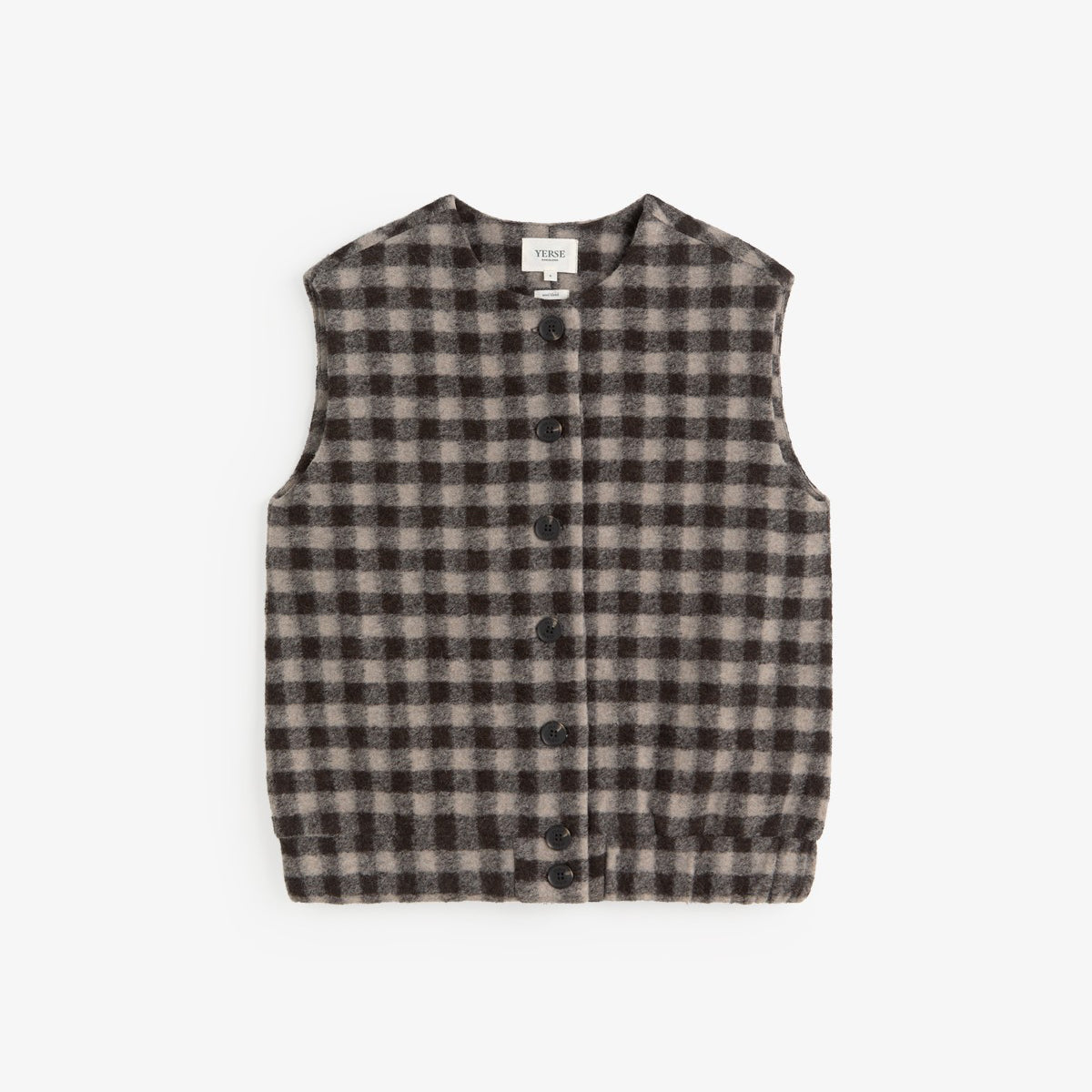 A sleeveless button-front vest with a dark brown and beige gingham plaid pattern, laid flat against a light gray background.