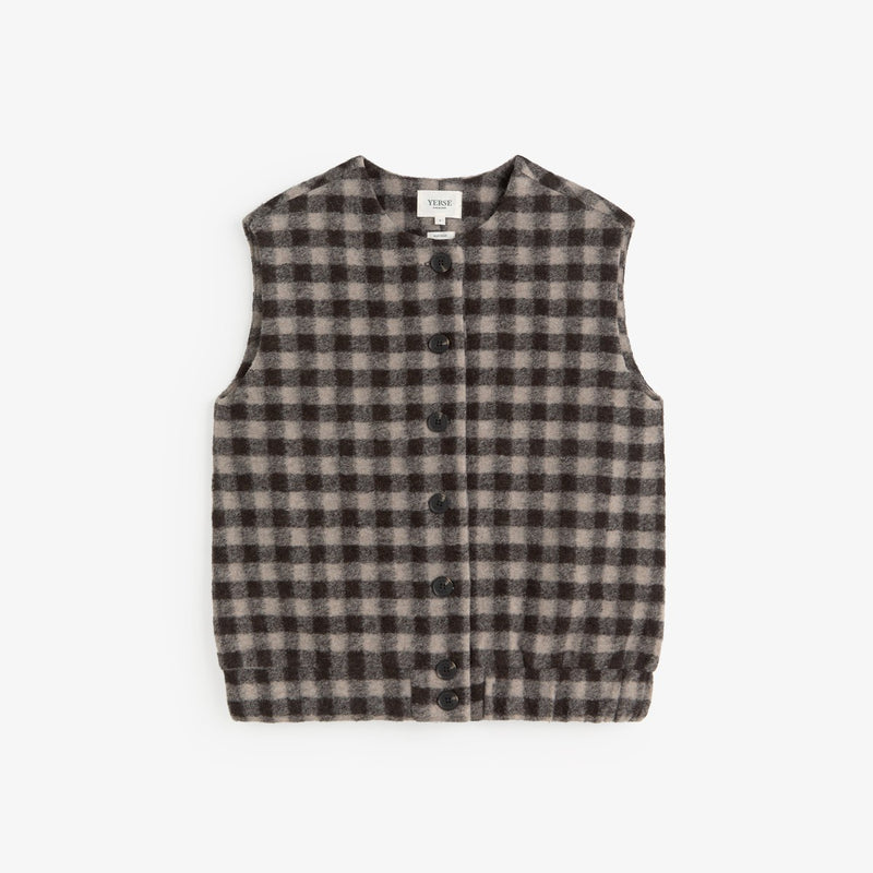 A sleeveless button-front vest with a dark brown and beige gingham plaid pattern, laid flat against a light gray background.