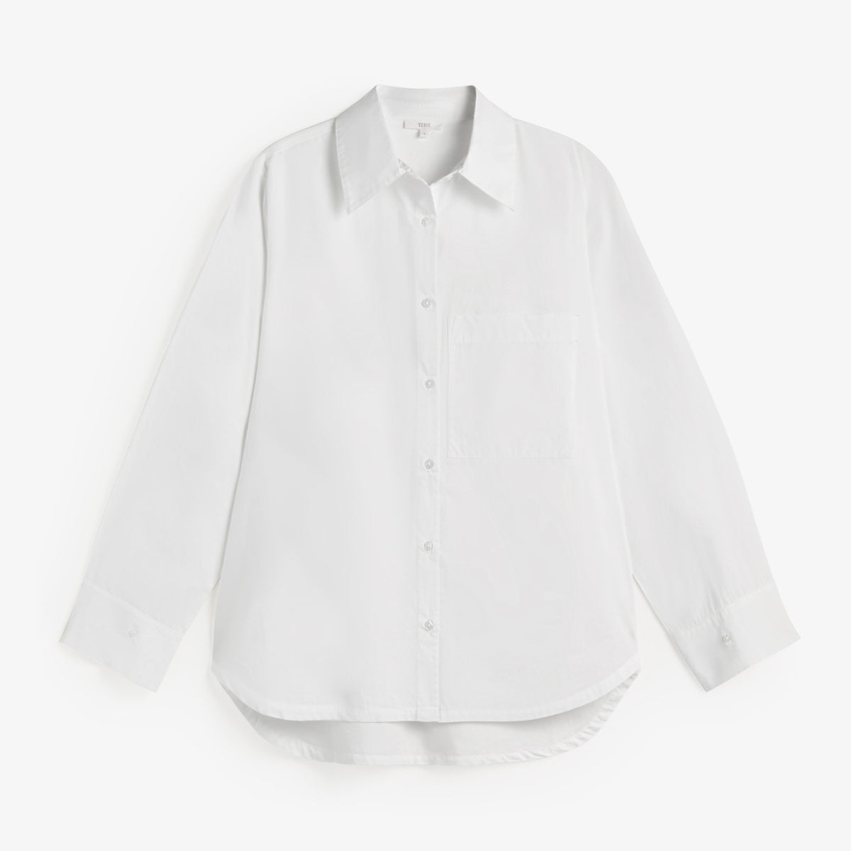 A white long-sleeve button-up shirt with a pointed collar, displayed flat against a clean white background.