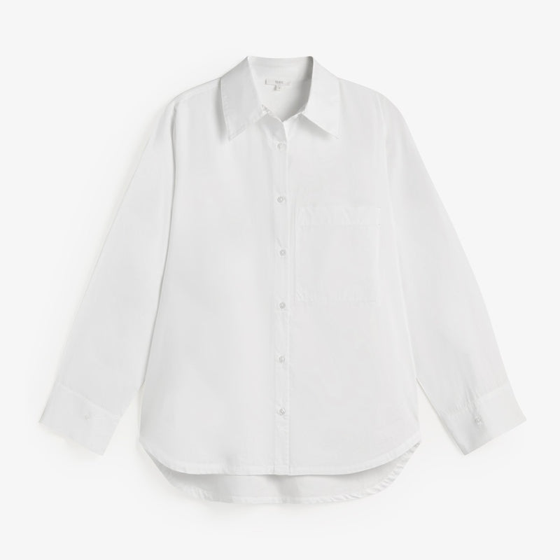 A white long-sleeve button-up shirt with a pointed collar, displayed flat against a clean white background.