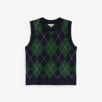 A sleeveless knit sweater vest with an argyle pattern in dark green and navy blue, accented with thin white diagonal lines, shown flat against a light gray background.