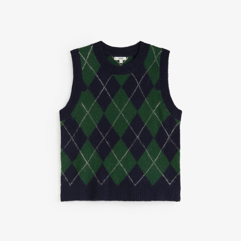 A sleeveless knit sweater vest with an argyle pattern in dark green and navy blue, accented with thin white diagonal lines, shown flat against a light gray background.