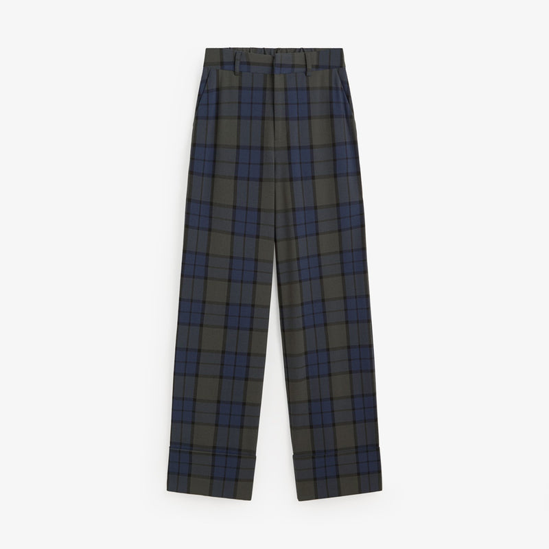 A pair of high-waisted plaid trousers in a dark gray and navy blue tartan pattern, shown flat against a light gray background.