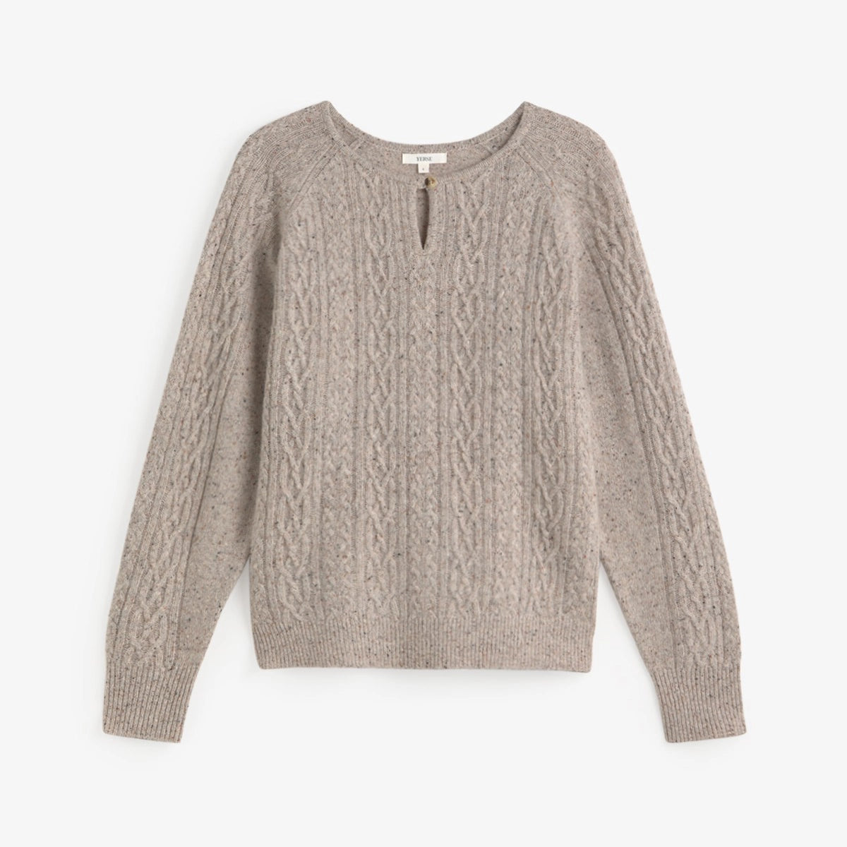 A taupe cable-knit sweater with a split V-neckline and a small gold-tone zipper pull, displayed flat against a clean white background.