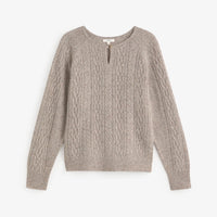 A taupe cable-knit sweater with a split V-neckline and a small gold-tone zipper pull, displayed flat against a clean white background.