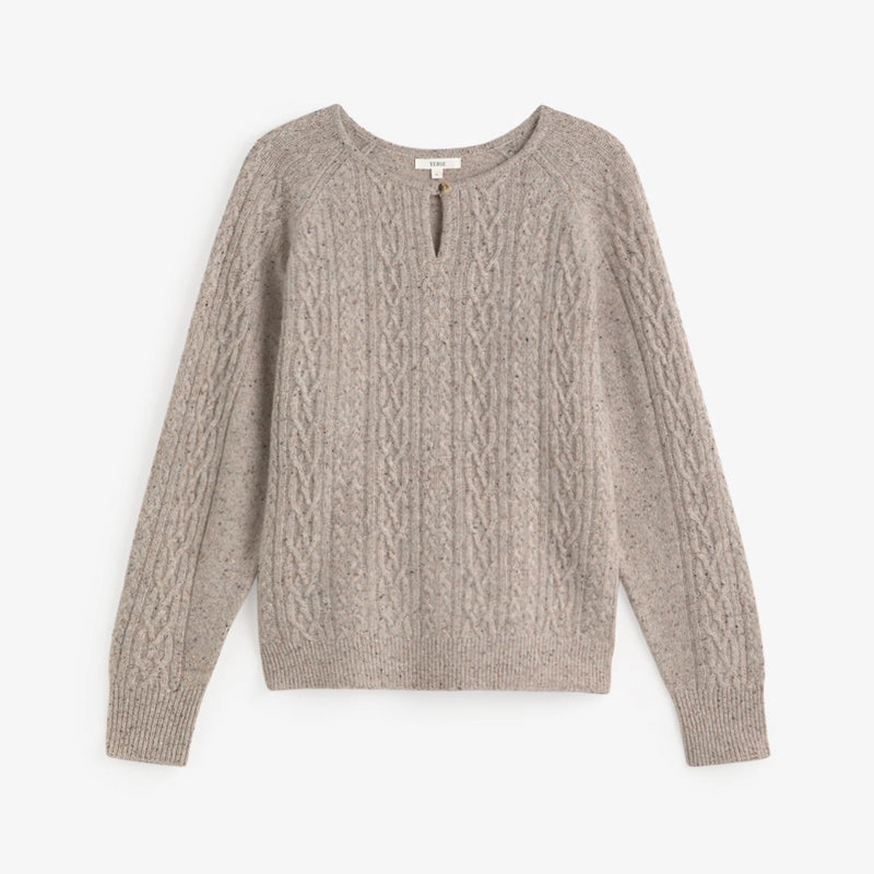 A taupe cable-knit sweater with a split V-neckline and a small gold-tone zipper pull, displayed flat against a clean white background.