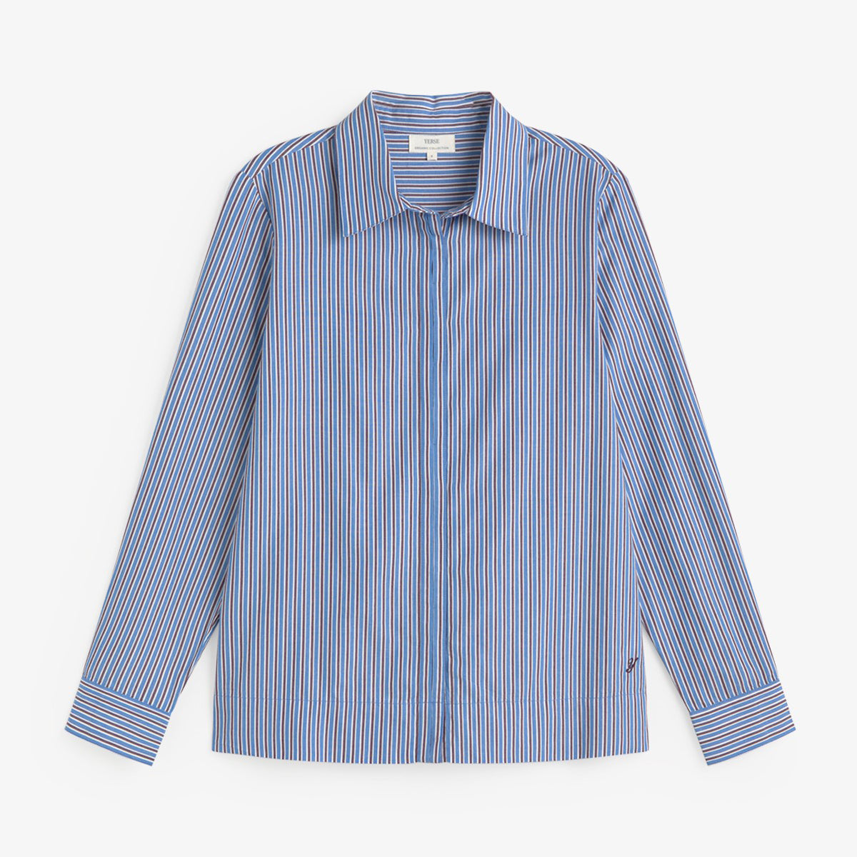 A long-sleeve button-up shirt with a blue, white, and red vertical stripe pattern, displayed flat against a light gray background.