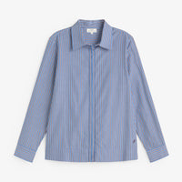 A long-sleeve button-up shirt with a blue, white, and red vertical stripe pattern, displayed flat against a light gray background.