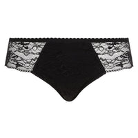 Black lace thong underwear with a scalloped waistband, shown flat against a solid white background.