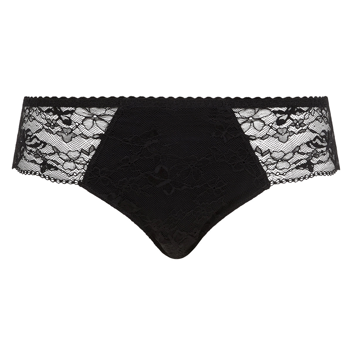 Black lace thong underwear with a scalloped waistband, shown flat against a solid white background.