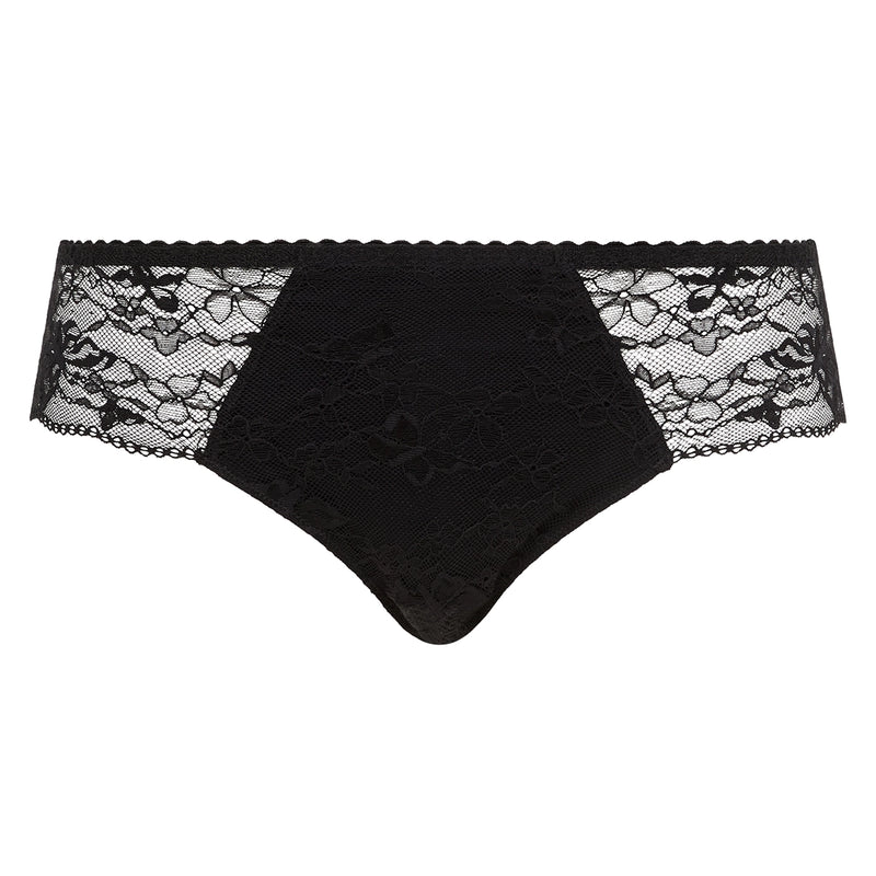 Black lace thong underwear with a scalloped waistband, shown flat against a solid white background.