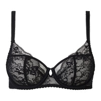 A black lace underwire bra with thin shoulder straps, a center keyhole cutout, and scalloped edges, shown against a plain white background.