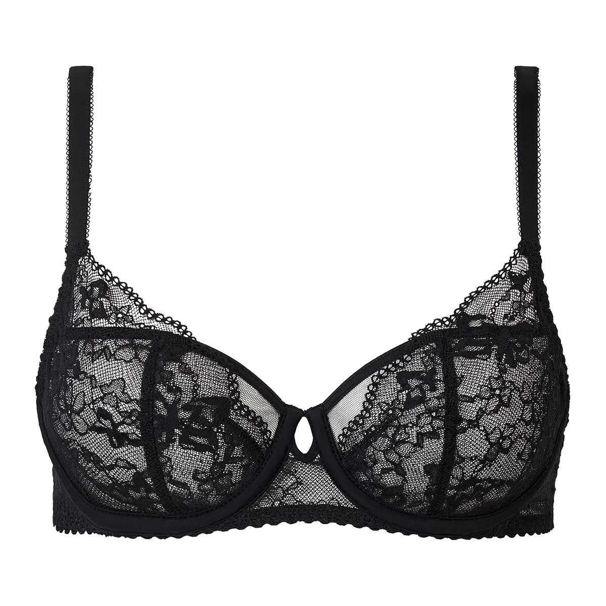 A black lace underwire bra with thin shoulder straps, a center keyhole cutout, and scalloped edges, shown against a plain white background.