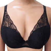 Black lace underwire bra with scalloped edges and wide shoulder straps, shown on a model against a white background.