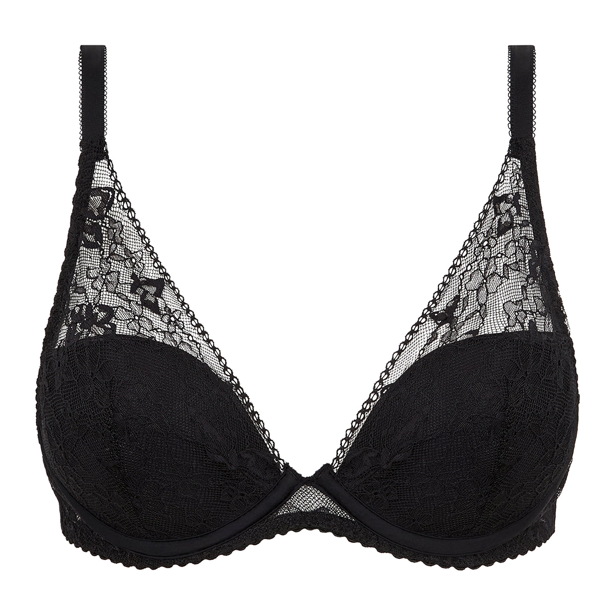 Black lace triangle bralette with underwire and scalloped edges, shown against a plain white background.
