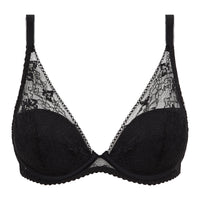 Black lace triangle bralette with underwire and scalloped edges, shown against a plain white background.
