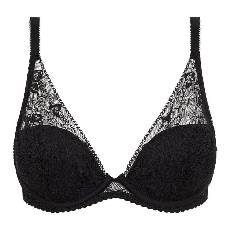 Black lace triangle bralette with underwire and scalloped edges, shown against a plain white background.