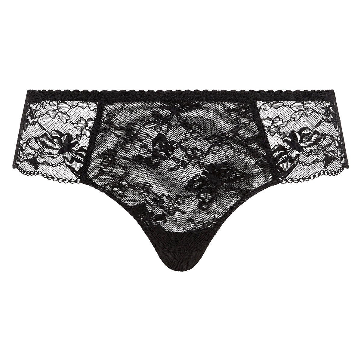 Black lace thong underwear with a floral lace pattern and scalloped trim, shown against a plain white background.