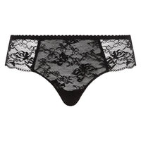 Black lace thong underwear with a floral lace pattern and scalloped trim, shown against a plain white background.