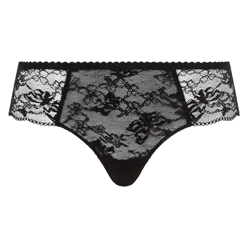 Black lace thong underwear with a floral lace pattern and scalloped trim, shown against a plain white background.
