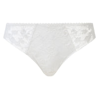 White lace bikini briefs with a scalloped waistband, shown flat against a solid white background.